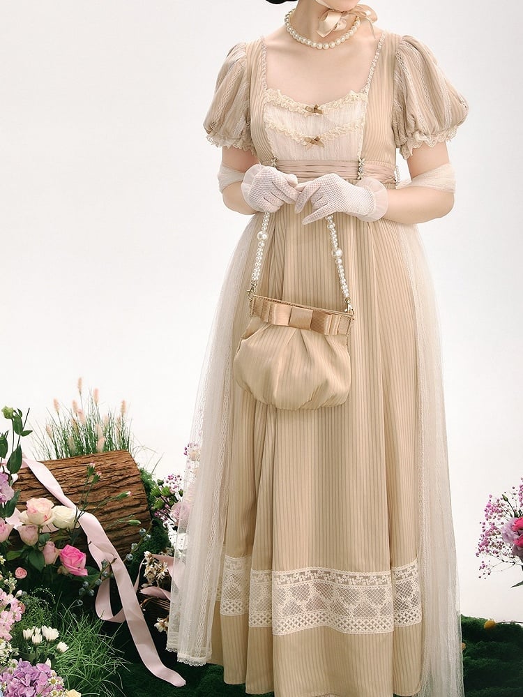 Champagne Elegant Short-Sleeved Empire Waist Lolita OP Gown with Lace Accents - KOMOMO