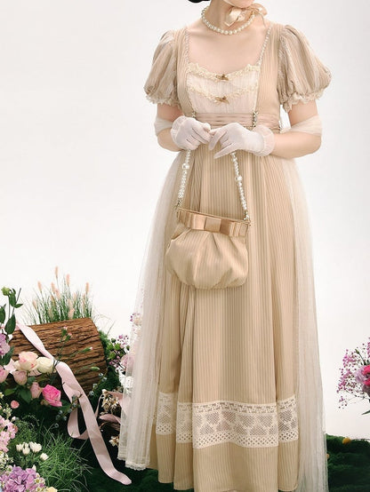 Champagne Elegant Short-Sleeved Empire Waist Lolita OP Gown with Lace Accents - KOMOMO