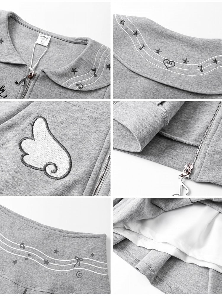 Gray Sailor Collar Zip-Up Tee with Kitty Embroidery - CRAZY GIRL