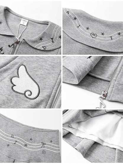 Gray Sailor Collar Zip-Up Tee with Kitty Embroidery - CRAZY GIRL