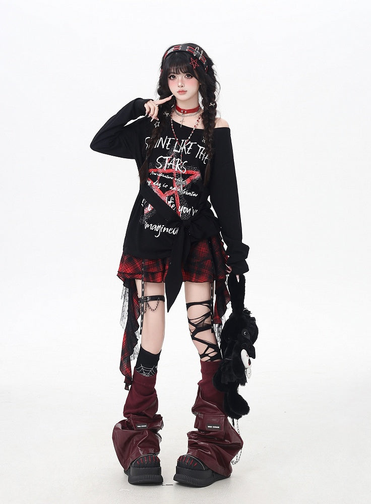 トップス ブラック アシンメトリーネックライン スター グラフィティプリント ルーズ