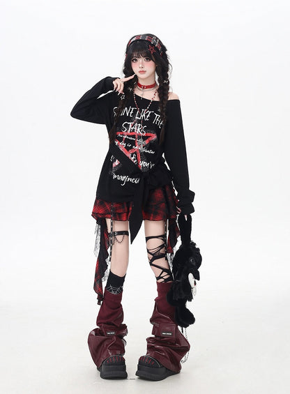 トップス ブラック アシンメトリーネックライン スター グラフィティプリント ルーズ