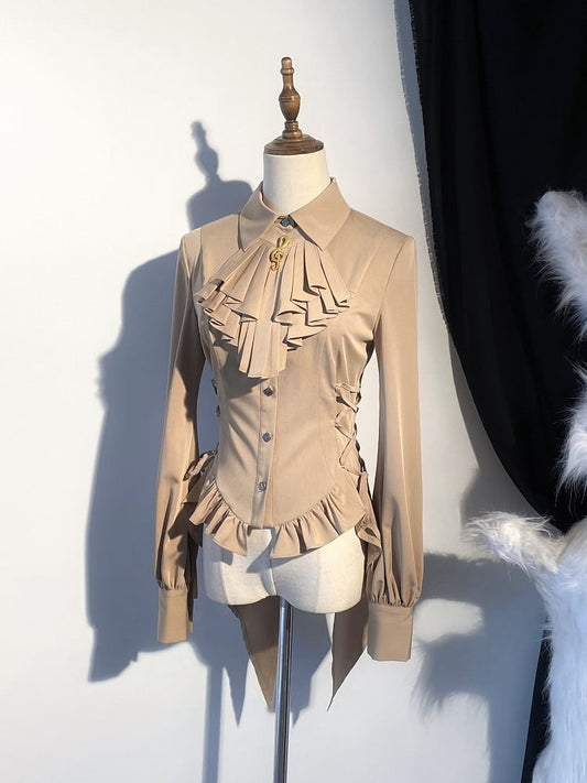 Ouji Tie Brown Long Split-Tail Shirt Brooch Sleeves Jabot Musical Note + Elegant Light Lolita