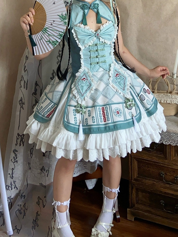 Mahjong-Themed Halter Top & Skirt Set in White & Green with Tassels - Maiden Portal