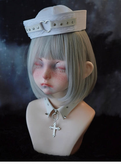 White Studded Heart-shaped Ring Lace Sailor Hat