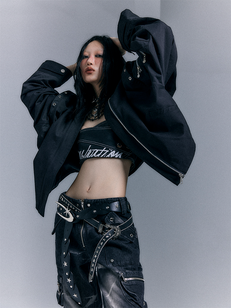 Black Design Punk Zip - Jacket Asymmetrical Closure