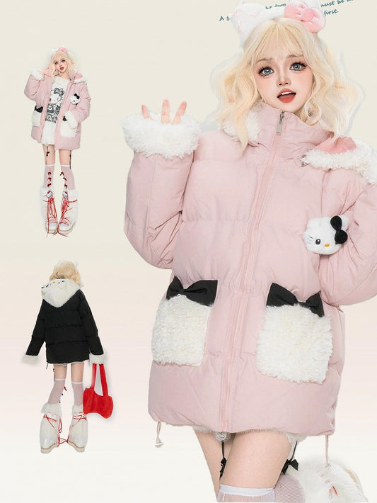 Rosa/schwarze Pufferjacke mit Kapuze und Plüschbündchen mit Kätzchen-Verzierung