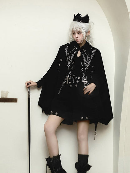 Hem Sleeves Cross Shorts Black Ouji Lolita Curved + Embroidery Bat-Wing Cape Long Top Gothic