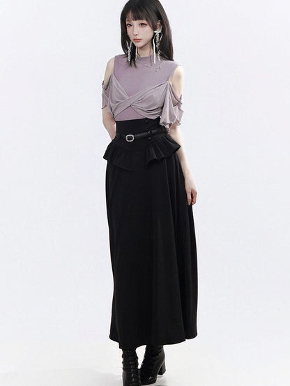 Black Ruffle Trim Long Skirt - PINK SAVIOR