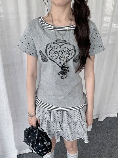 2-Color Y2K Polka Dot Striped Short Sleeve T-Shirt with Heart and Letter Print - Solkatt
