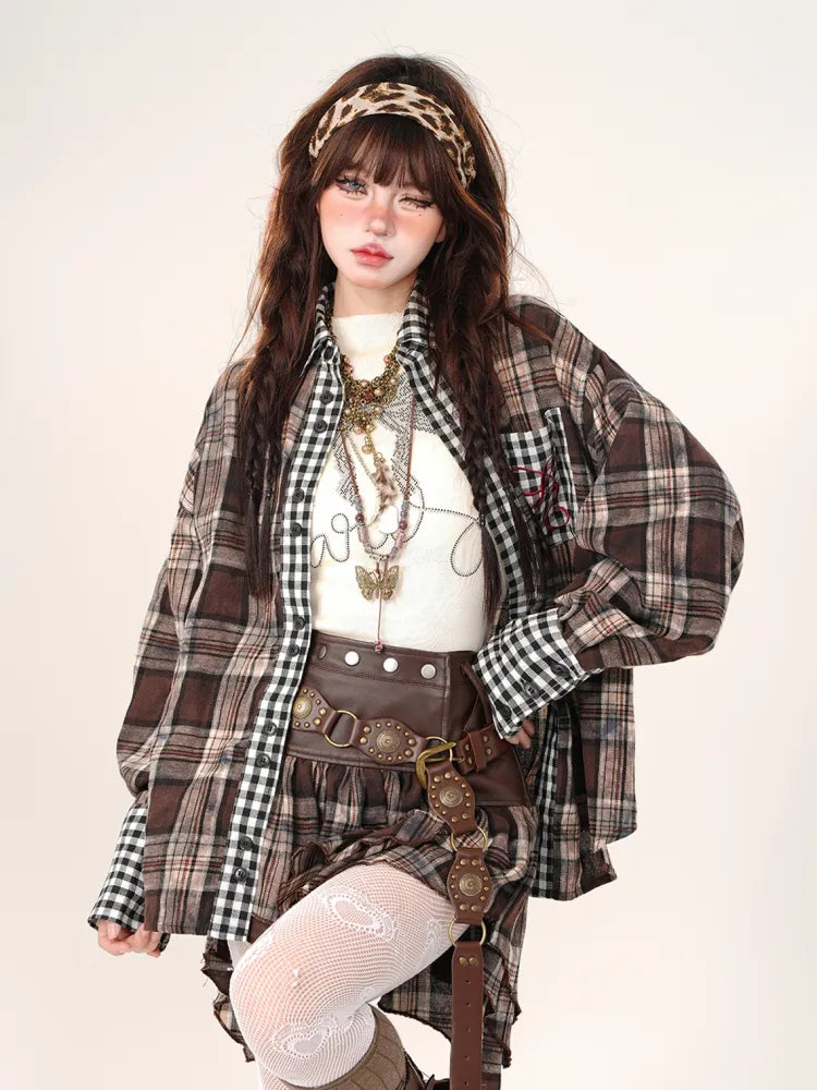 / Asymmetrical Sleeves Long Shirt Embroidered Coffee Plaid Skirt High Waist
