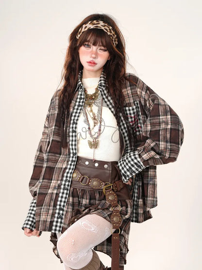 / Asymmetrical Sleeves Long Shirt Embroidered Coffee Plaid Skirt High Waist