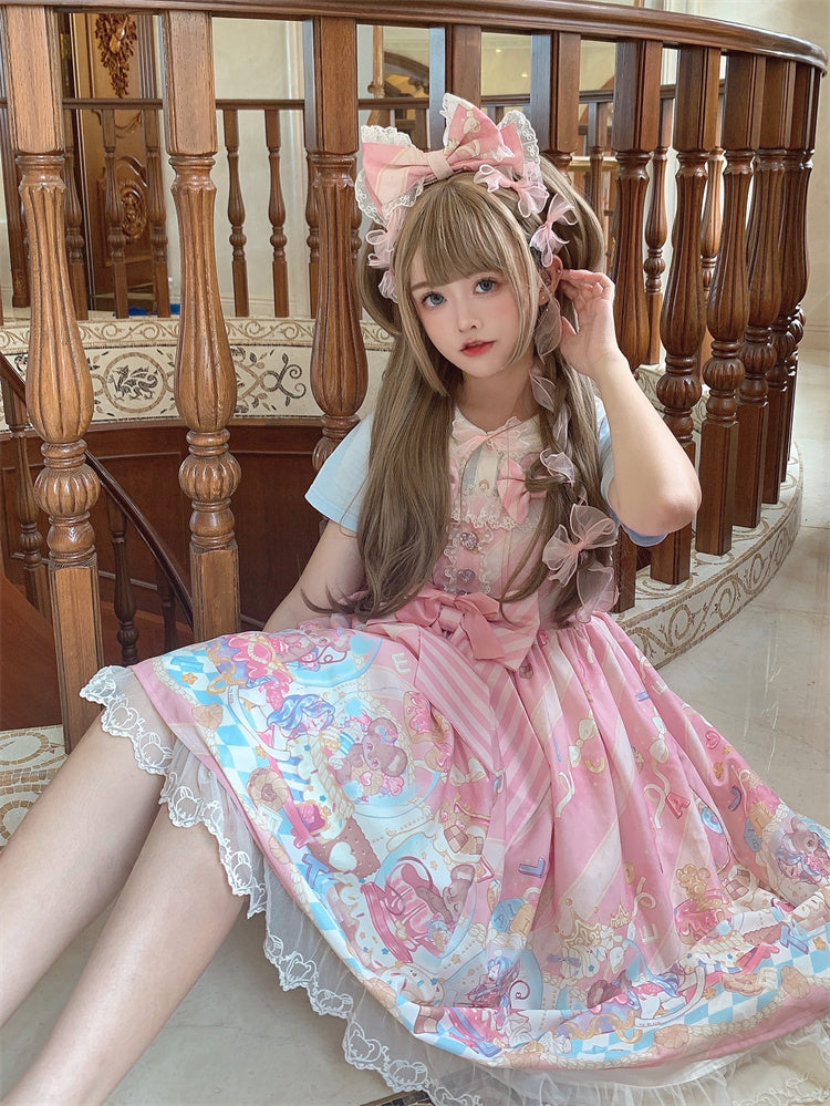 Ears Bow Pink Big Neckline JSK Sweet Lolita Dress Adorable Mouse Print Mouse Design