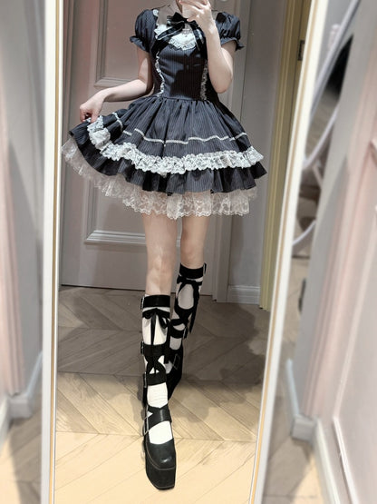 Gray Striped Lace OP Dress with Apron - Delusions Studio