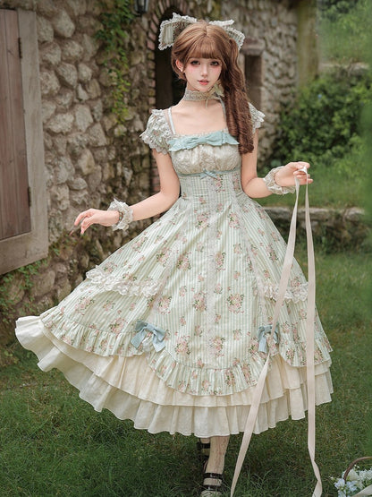Green Striped Floral One-Piece Gown with Hair Bow & Choker - With PUJI