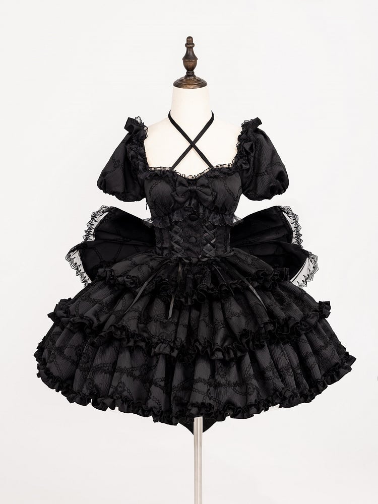Princess Lolita Corset-Waist Dress with Ruffled Skirt in Black