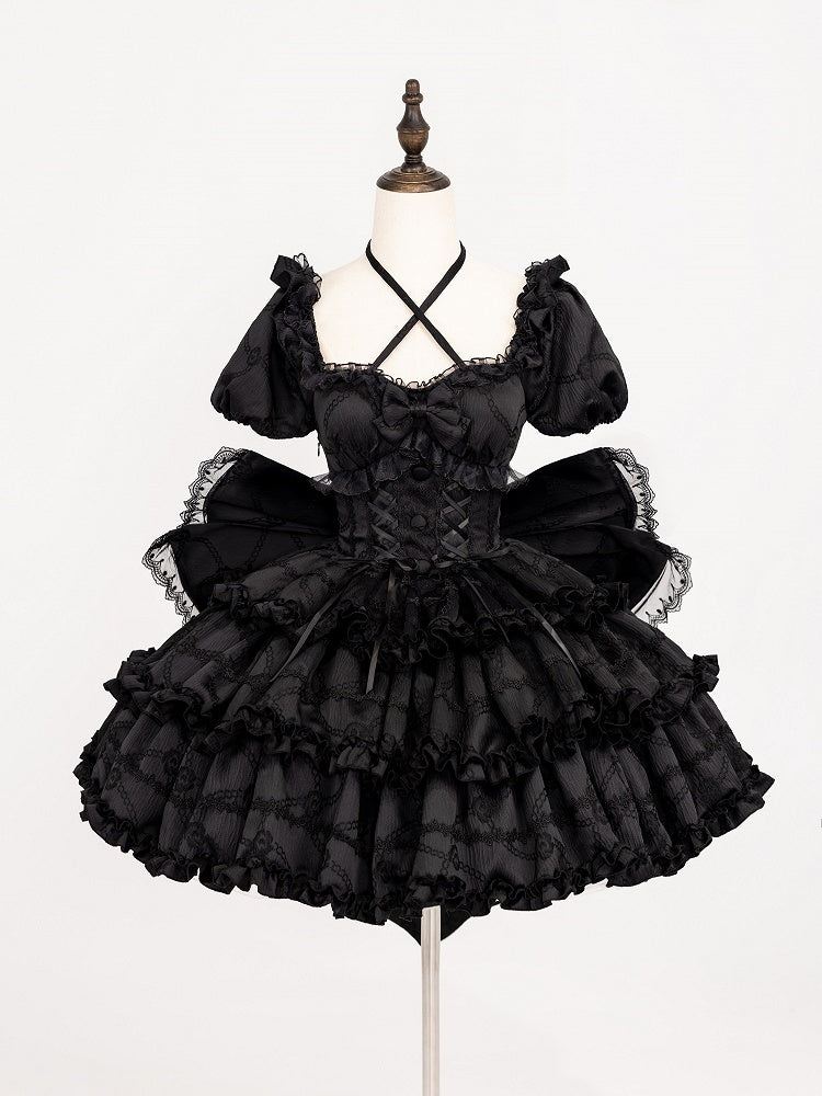 Schwarze Prinzessinnen-Taille am Lolita-Rückenkleid mit Schleifenkorsett, großem OP-Rock und Rüschen