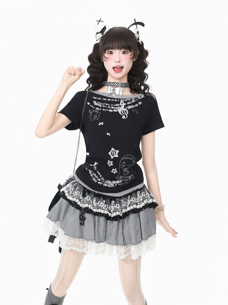Black Y2K Fake Two-Piece Short Sleeve Tee with Cartoon Print - Languid Park