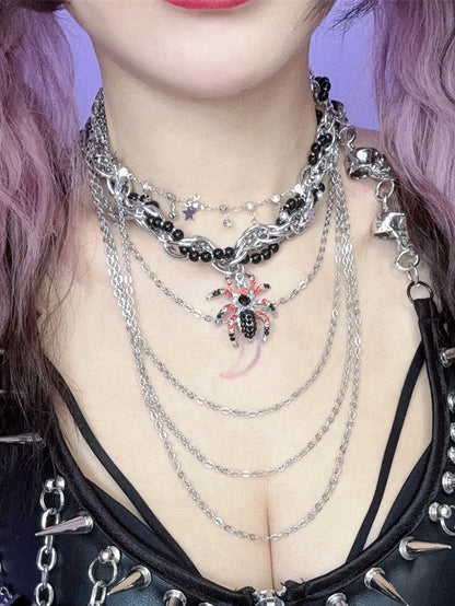 Pendant Necklace Beaded Decorated Silver Spider Rhinestone