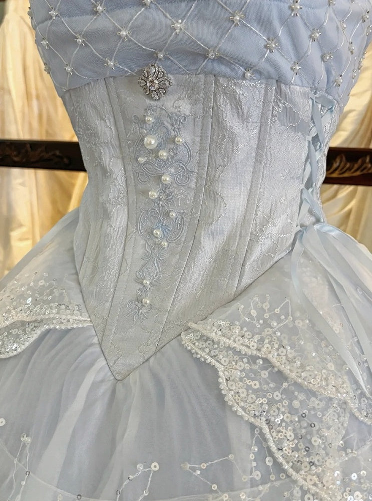 Blue Corset Waist Pearl Sequins JSK Dress Scalloped Hem - Iris fleur