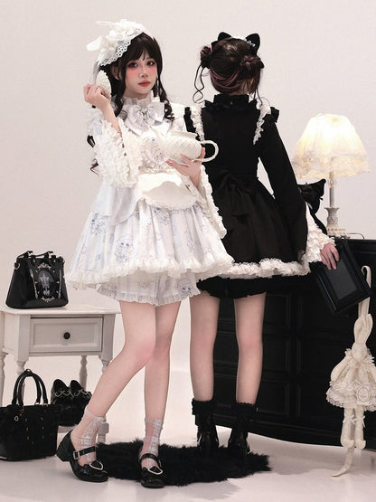 Jirai Kei Light Blue Printed Maid Ensemble - Tiered Bell Sleeve Dress with Detachable Apron & Matching Shorts