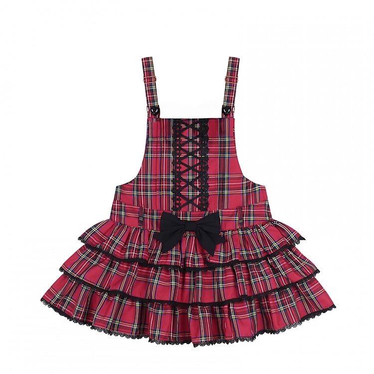 Christmas Red Plaid Tiered JSK with Criss-cross Front