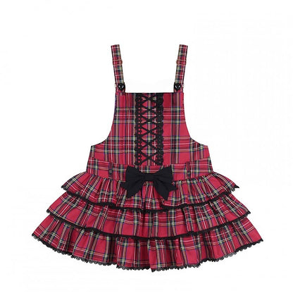 Christmas Red Plaid Tiered JSK with Criss-cross Front
