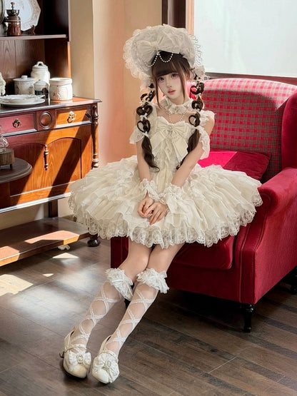 White Ballet Style Lace Ruffle Lolita JSK Dress with Bead Chain Bow and Back Bow Set - White Sugar Girl