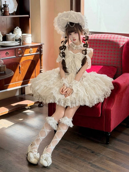 White Ballet Style Lace Ruffle Lolita JSK Dress with Bead Chain Bow Details - White Sugar Girl