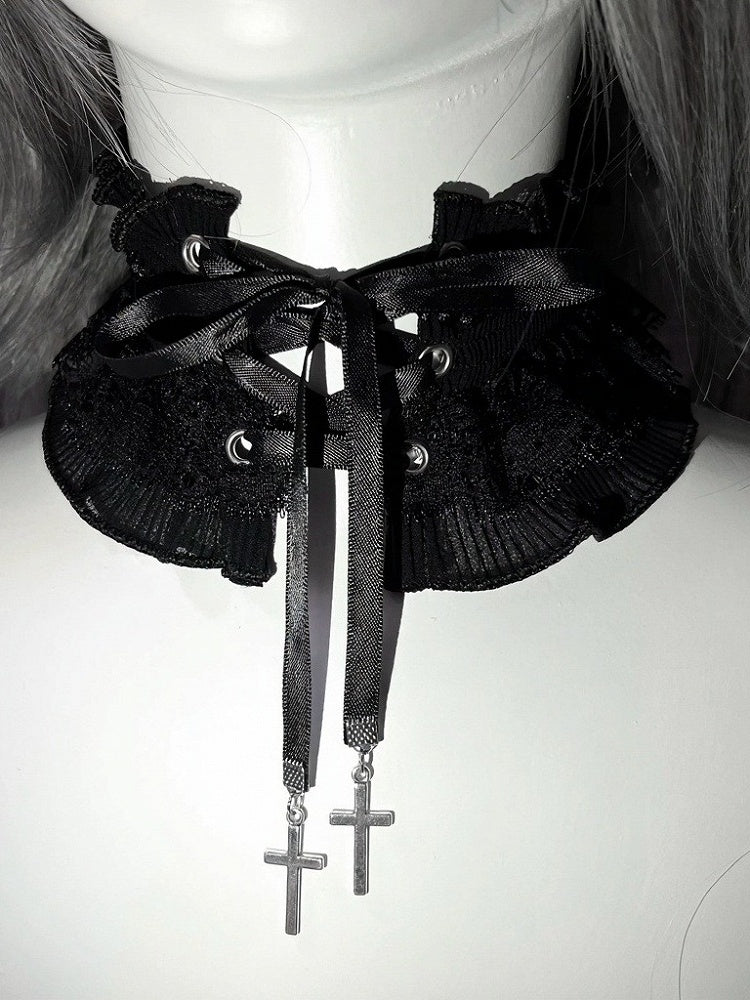 Dual Color Lace Strap Choker with Cross - Magic Diary
