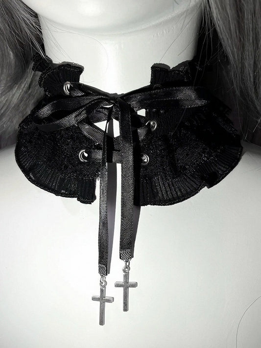 Dual Color Lace Strap Choker with Cross - Magic Diary
