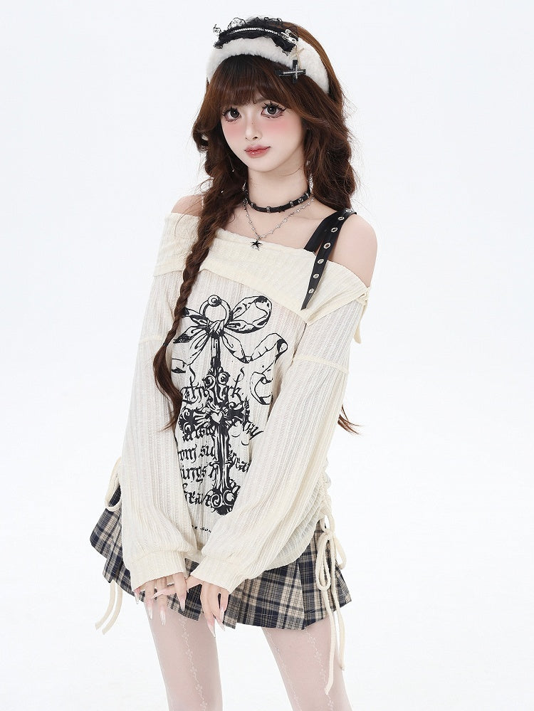 Print Graphic Black Top Edgy with Waist Drawstring Apricot Off-Shoulder Bittersweet