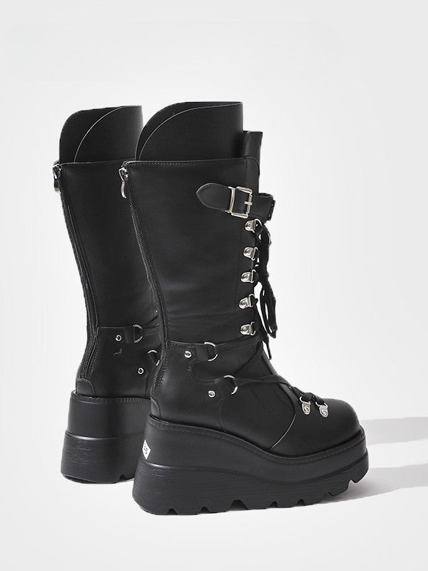 Silver Gothic Buckle Mid-Calf Boots Black Studded Strap - Platform