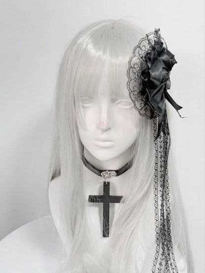 Black/White Lace Hairclip with Bow & Rose - Post-2000 Gift Shop