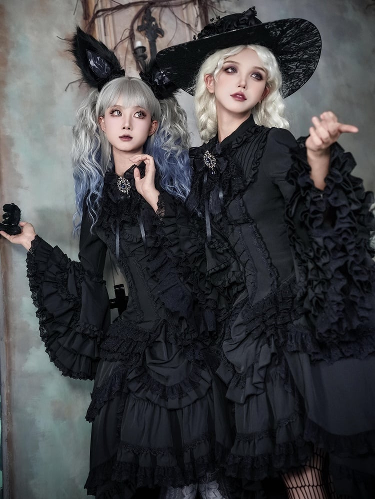 Black Lolita Shirt Sleeves Layered Gorgeous Bell All Long Gothic Kuro