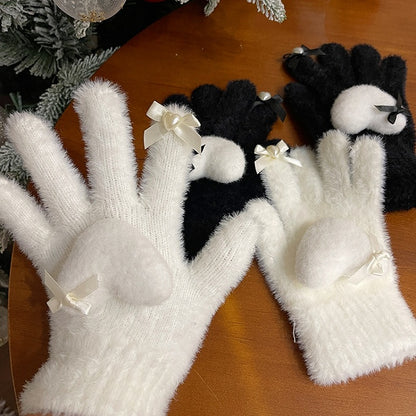 Schwarz/Weiße Lolita Herzschleifen-Plüschhandschuhe