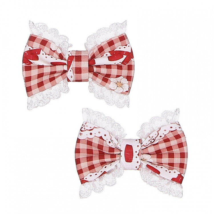 Light Pink Strawberry Print Lace Trim Lolita Bowknot Hairclips