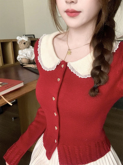 Red Knit Peter Pan Collar Cardigan with Lace - Qchiwawameme
