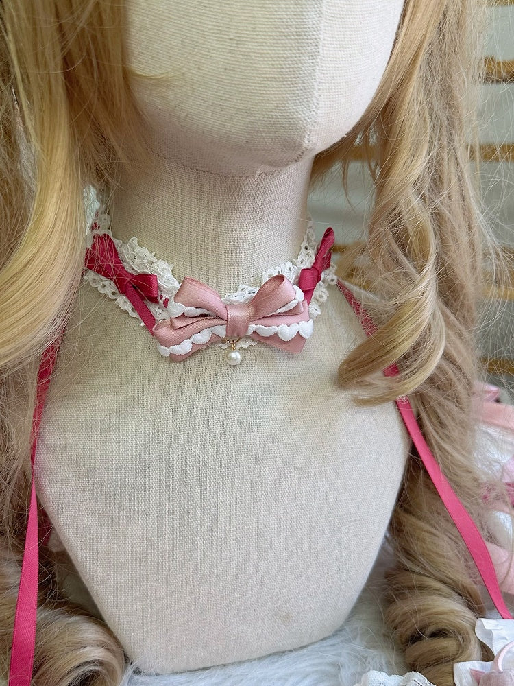 Lolita Sweet Ribbon Choker Bow Lace Pink