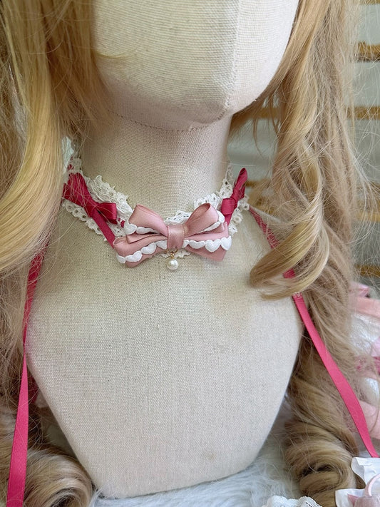 Lolita Sweet Ribbon Choker Bow Lace Pink