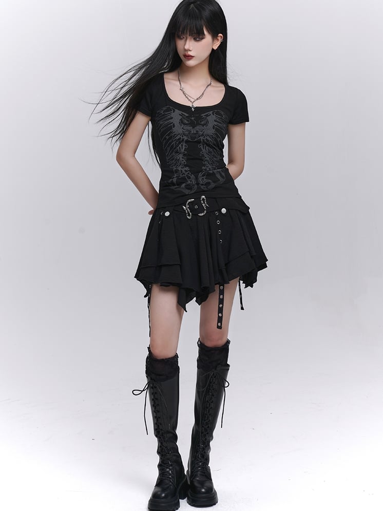 Asymmetrical Hem Tiered Skirt with Black Serpentine Belt