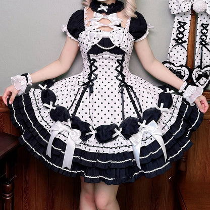 Accents Black Polka Dots Dress Old School Bow White Lolita Neck Halter with