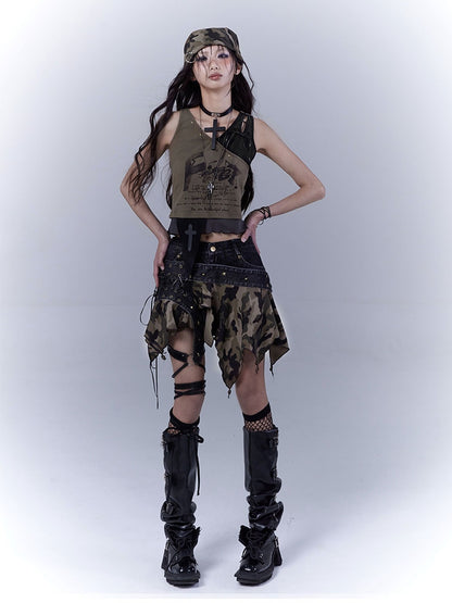 Grünes, geschnürtes Schulter- und asymmetrisches Saum-Tanktop Wasteland Punk Army