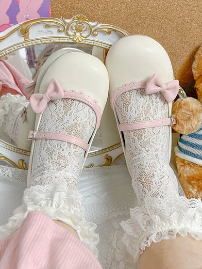 Shoes Bow Buckle Circle Lolita Beige Flat Pink with Toe Round Detachable Sweet