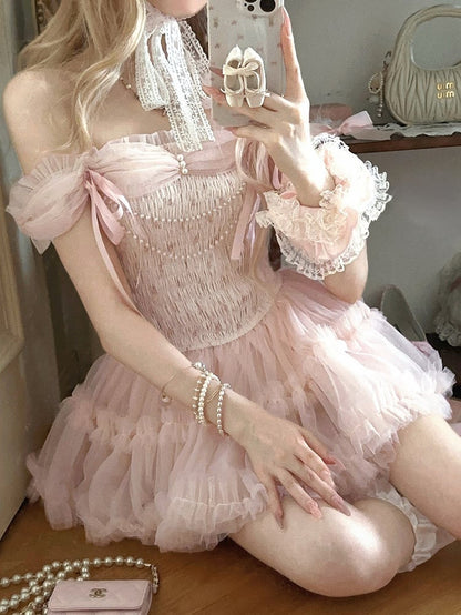 Slip Ribbon Tiered Mesh mit Perlen Akzente Abnehmbare Kette Kleid Rosa