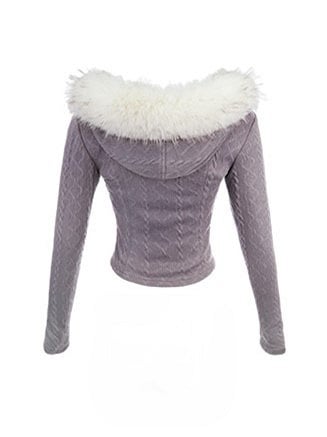 Pelz Mit Kapuze Kragen Detail Strickjacke Schwarz Grau Strick Faux Schleife