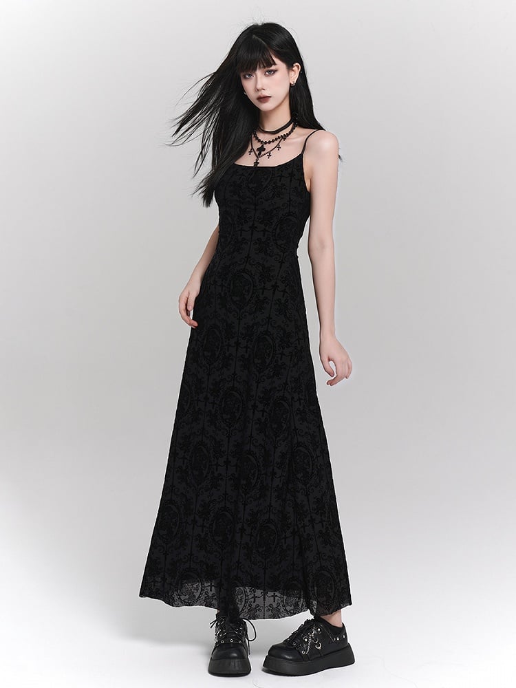 Flocked Black  Patterns Slip Ankle-Length Gothic with Floral Portraits Dress