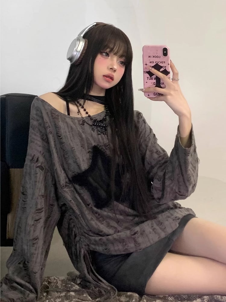 with Hem Distressed Graphic Tie Top Hole Gray Star Off-Shoulder Detail