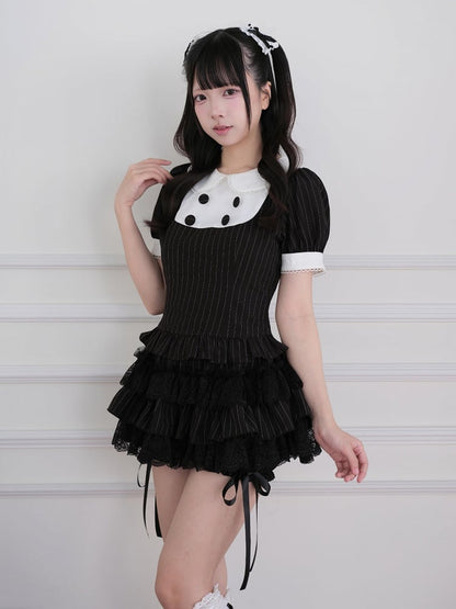 Black Striped Two-piece Set - Peter Pan Collar Top + Lace Ruffle Tiered Skirt - Jirai-Kei - No Genki