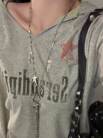 Y2K Silver Long Key Necklace with Star & Bow